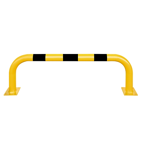 Yellow semi-circular safety barrier with black stripes, against a white background.