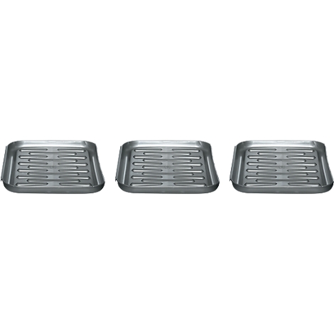 Three rectangular metal trays with a hole pattern for food.