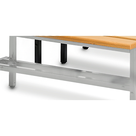 Close-up of a bench with wooden top and silver metal legs. Black supports and feet.