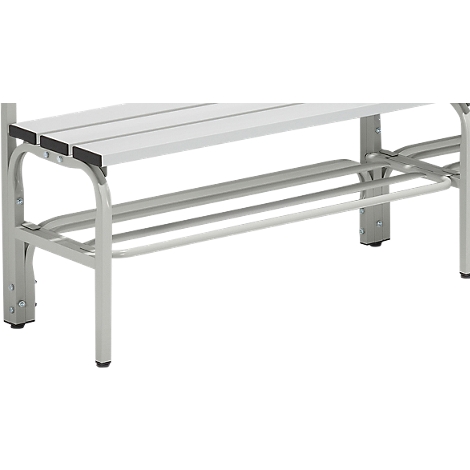 Gray metal bench with white seat surfaces.