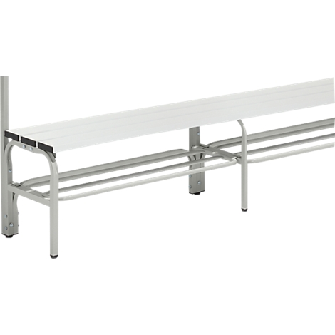 White changing bench with a metal frame. The bench is without a backrest and equipped with a shoe rack.
