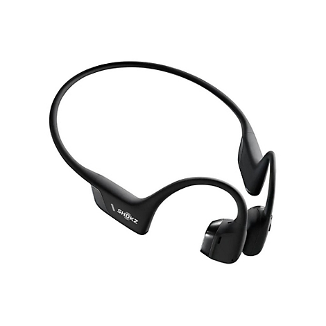 Schwarze Knochenschallkopfhörer, Marke Shokz, auf weißem Hintergrund.