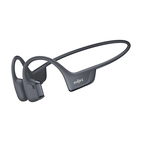 Dunkelgraue Knochenschallkopfhörer mit dem Schriftzug "SHOKZ". Das Produkt ist freigestellt vor weißem Hintergrund.
