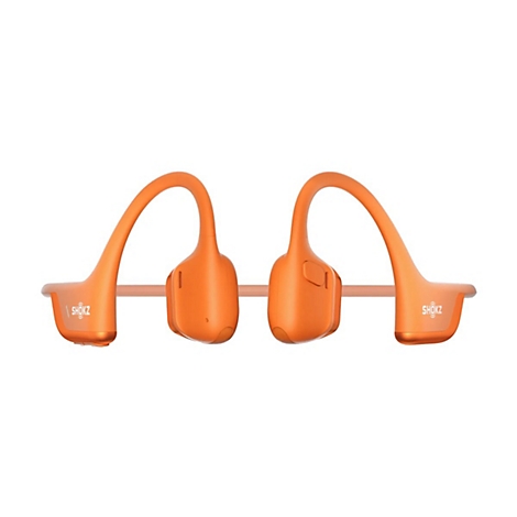 Orangefarbene Shokz-Kopfhörer, Knochenschall, auf weißem Hintergrund, Details. Der Schriftzug Shokz ist zu sehen.