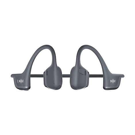 Graue Knochenschall Kopfhörer, Marke Shokz, vor weißem Hintergrund.