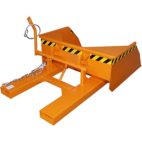 Orange-colored skip, with black and yellow warning stripes. Fork tines are on the sides.