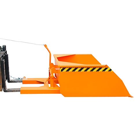 An orange attachment for a forklift shaped like a shovel. Yellow and black hazard stripes.