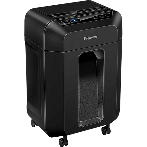 Black paper shredder with Fellowes logo, rollers and paper slot. Blue indicator light.