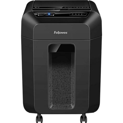 Black paper shredder with Fellows logo. Collection container with shredded paper. Wheels at the bottom.