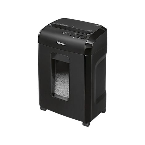 Black paper shredder with "Fellowes" logo and visible paper in a window.