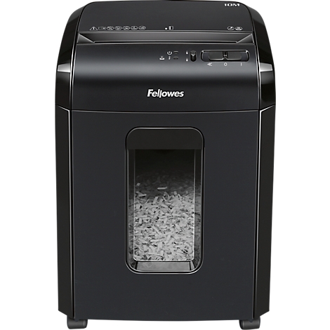 Black paper shredder with visible paper shredding bin, "Fellowes" logo.