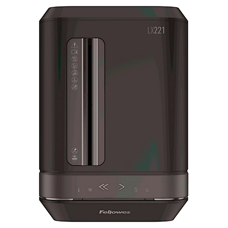 Dark gray paper shredder with controls, labeled LX221 at the top. Fellowes logo below.