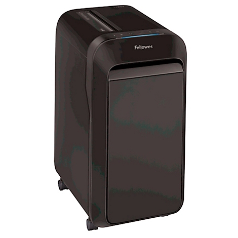 Black paper shredder with wheels. There are two input slots at the top, the front says "Fellowes".
