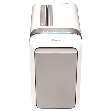 A white paper shredder with silver accents. Above is a paper feeder, below an operating surface.