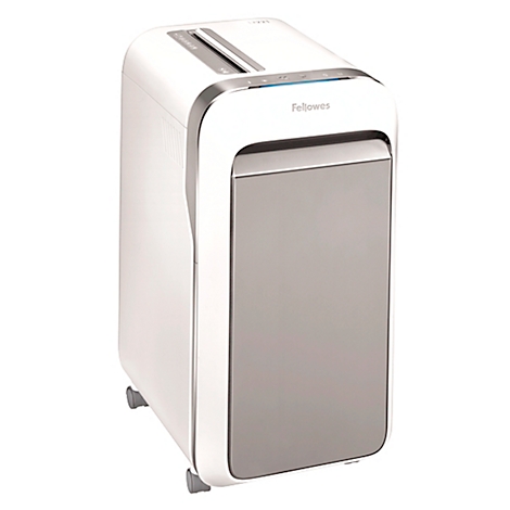 White shredder with silver accents and the 'Fellowes' logo.