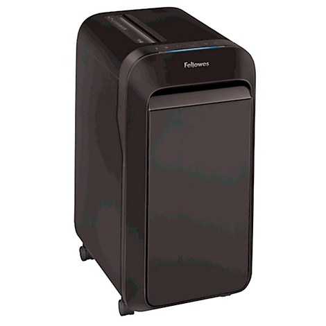 Black Fellowes paper shredder, with waste bin and rollers. Fellowes logo on top.