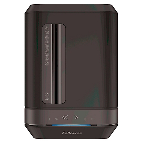 Dark grey paper shredder with various functions. Control panel with arrow keys, indicator lights, and the Fellowes brand name.