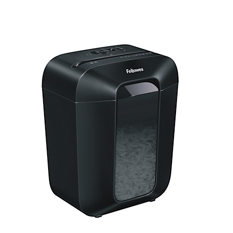 Black Fellowes shredder. A viewing window shows shredded paper.
