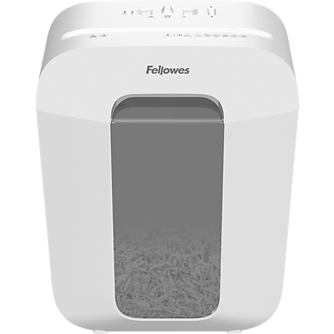 White paper shredder with grey window filled with shredded paper; Fellowes brand.