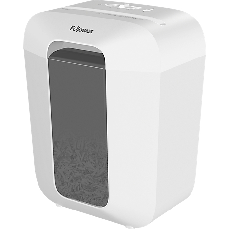 White paper shredder with "Fellowes" logo; viewing window for paper shreds.