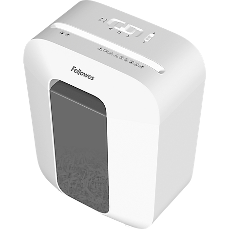 White paper shredder with a gray collection container, control panel on top. "Fellowes" written in front.