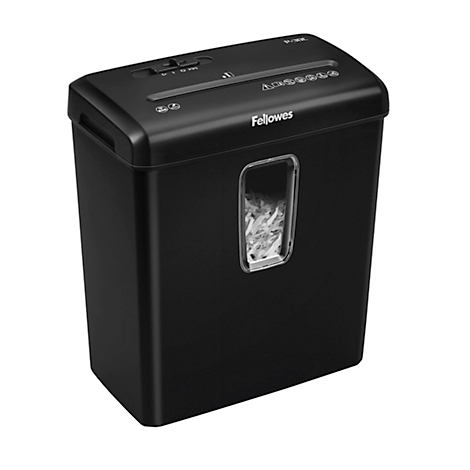 Black paper shredder with a clear view of shredded paper. The Fellowes logo is visible at the top.