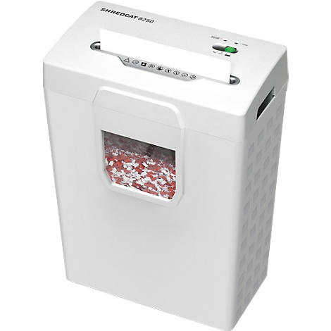 Witte papierversnipperaar met rode papiersnippers in het kijkvenster. De naam SHREDCAT B250 staat bovenaan.