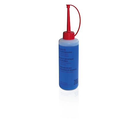 Blue plastic bottle with red cap. The lid has a long, thin spout and a loop. Text on the bottle.