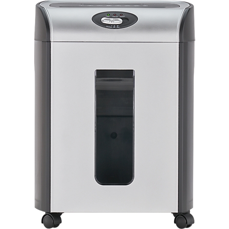 Shredder with silver front, black window, wheels, and control panel.