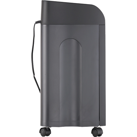 A black paper shredder from the side, on rollers. A power cord is visible.