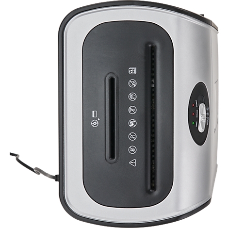 Silver and black paper shredder. Input slot with symbols. On the right is the on/off switch with indicator lights.