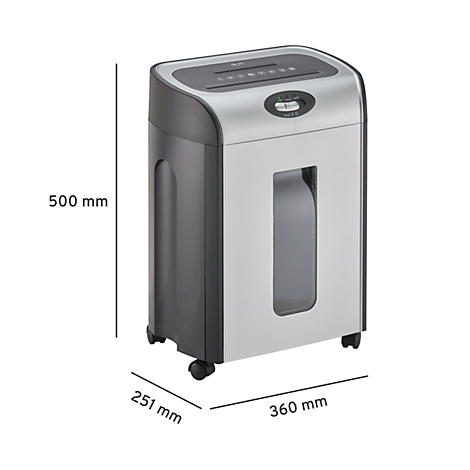 Shredder with dimensions: 500 x 251 x 360 mm. Gray and black color scheme. The paper feed is on top, a viewing window on the side.