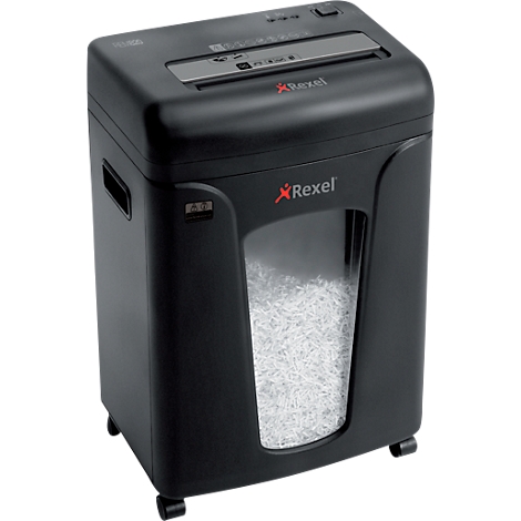 Black paper shredder with 'Rexel' logo. Visible paper waste in the transparent window, the device is on wheels.