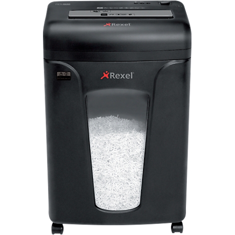Black paper shredder with Rexel logo. A transparent window shows shredded paper.