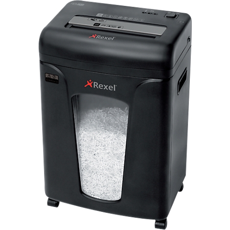 Black paper shredder with Rexel logo and visible paper waste in the bin. On wheels.