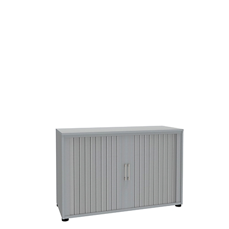 Grey filing cabinet with roller shutters and two handles. The cabinet stands against a white background.
