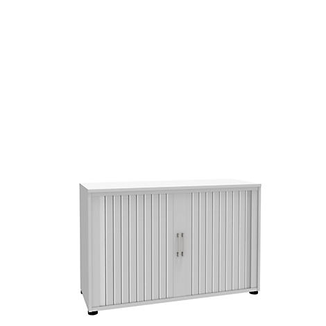 A white filing cabinet with slatted doors stands against a white background. Two narrow handles.