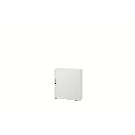 White cabinet against a white background, with one door and a handle.