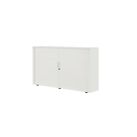 A white cabinet with two doors and silver handles against a white background.