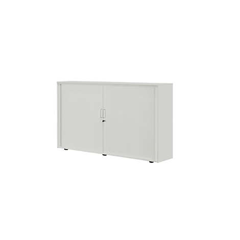 White office cabinet with two doors and a lock. On a white background.