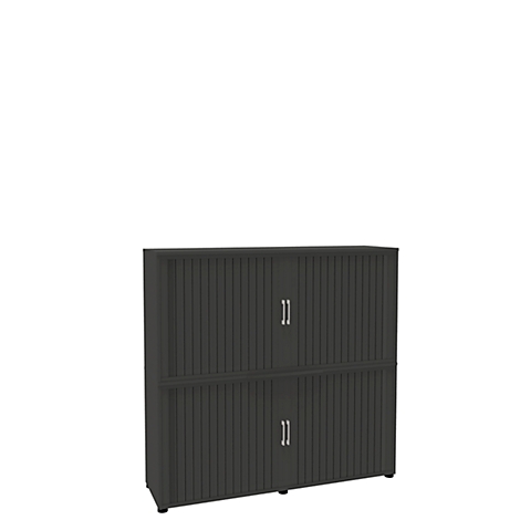 Dark grey cabinet with ribbed doors and silver handles. The doors are in two parts.