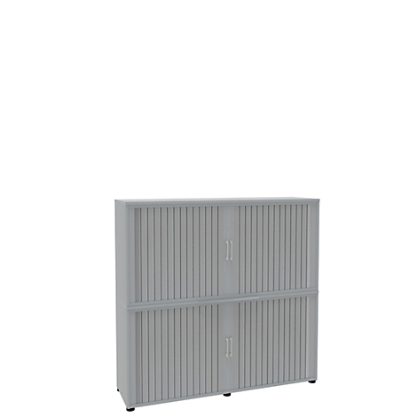 Gray filing cabinet with ribbed doors. The doors have vertical lines and small, vertical handles.