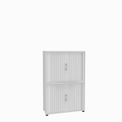 White cabinet with fluted doors. Two cabinets stacked on top of each other with handles and base.
