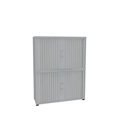 Gray filing cabinet with slatted doors and two handles. The cabinet is divided into two halves.