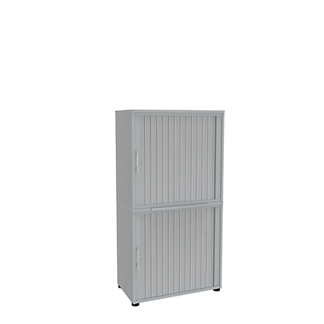 Grey cabinet with roller shutter doors. The cabinet consists of two parts arranged on top of each other.