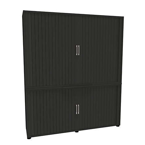 Dark grey cabinet with a ribbed surface. Two doors, each with silver handles.