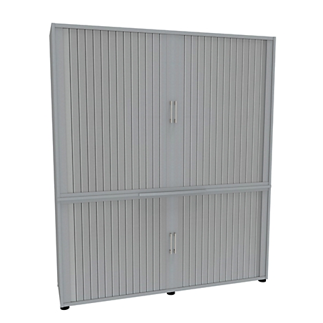 Grey cabinet with ribbed doors, two arranged one above the other. Metal handles.