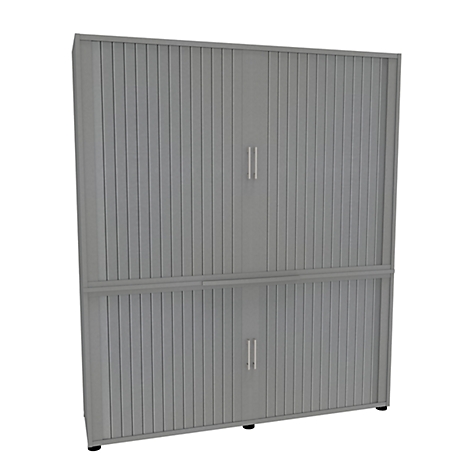 Grey cabinet with a corrugated front, two doors and two levels. Against a light background.
