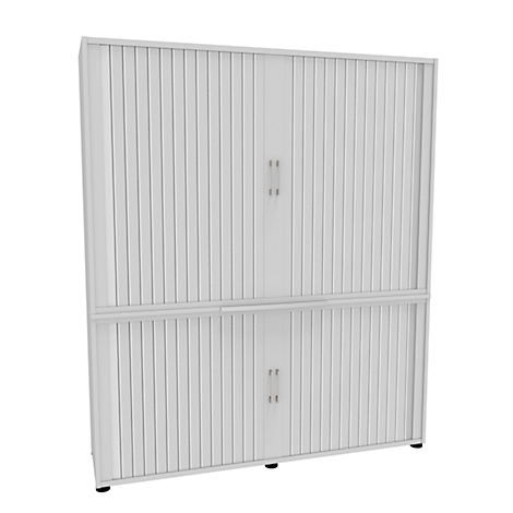 A white cabinet with two doors, vertical slats and metal handles.