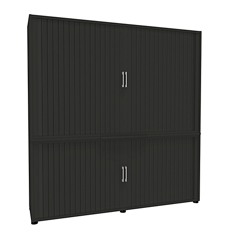 Dark grey cabinet with two doors at the top and bottom. Each door has a silver handle.